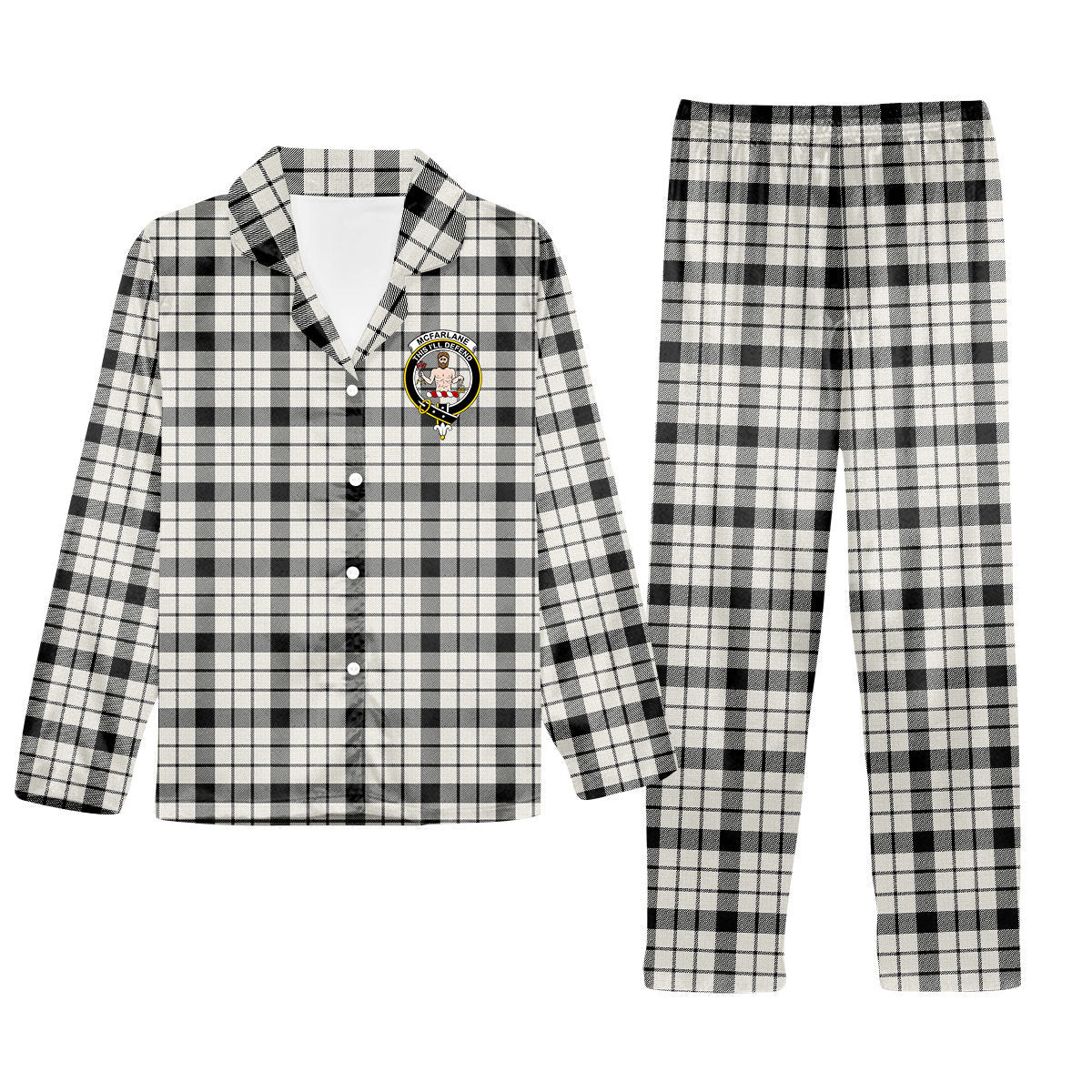 ScotsTee Shop Scottish McFarlane Black White Modern Crest Tartan Pajama Satin Velvet Flannel Pajama Set