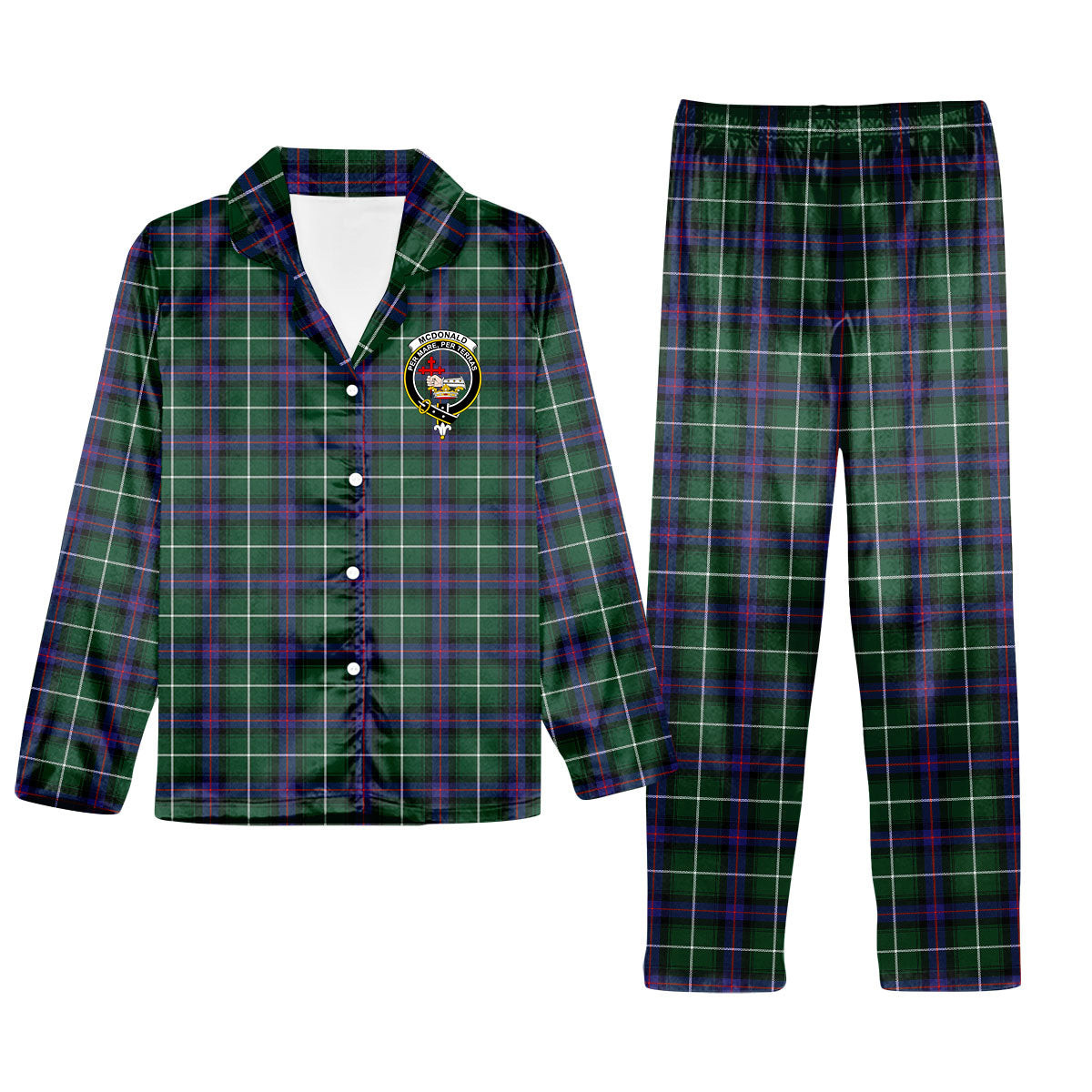 ScotsTee Shop Scottish McDonald of the Isles Hunting Modern Crest Tartan Pajama Satin Velvet Flannel Pajama Set