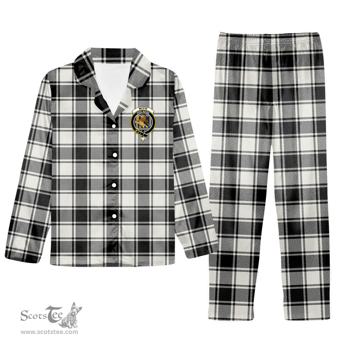 ScotsTee Shop Scottish McFie Black & White Ancient Crest Tartan Pajama Satin Velvet Flannel Pajama Set
