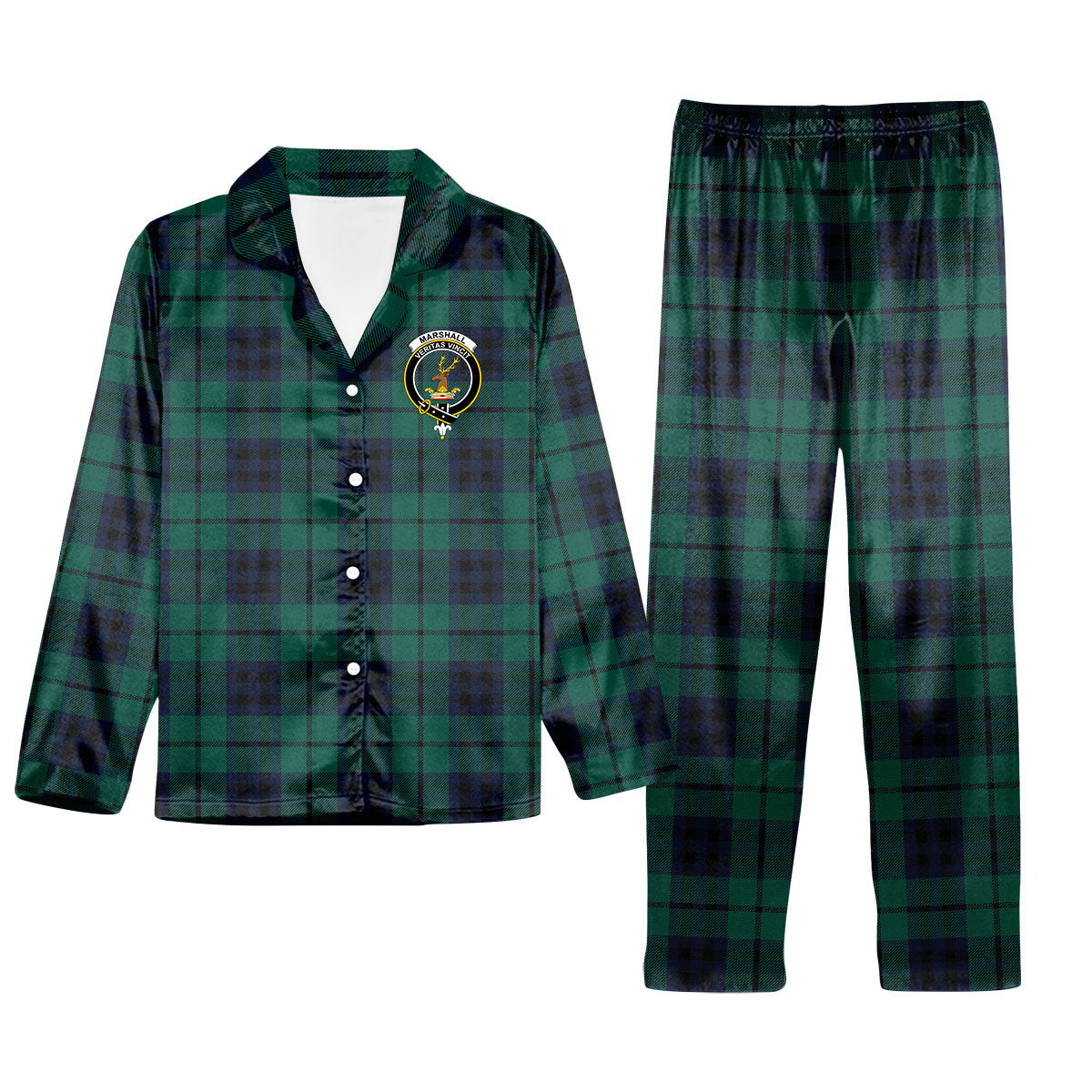 ScotsTee Shop Scottish Marshall Modern Crest Tartan Pajama Satin Velvet Flannel Pajama Set