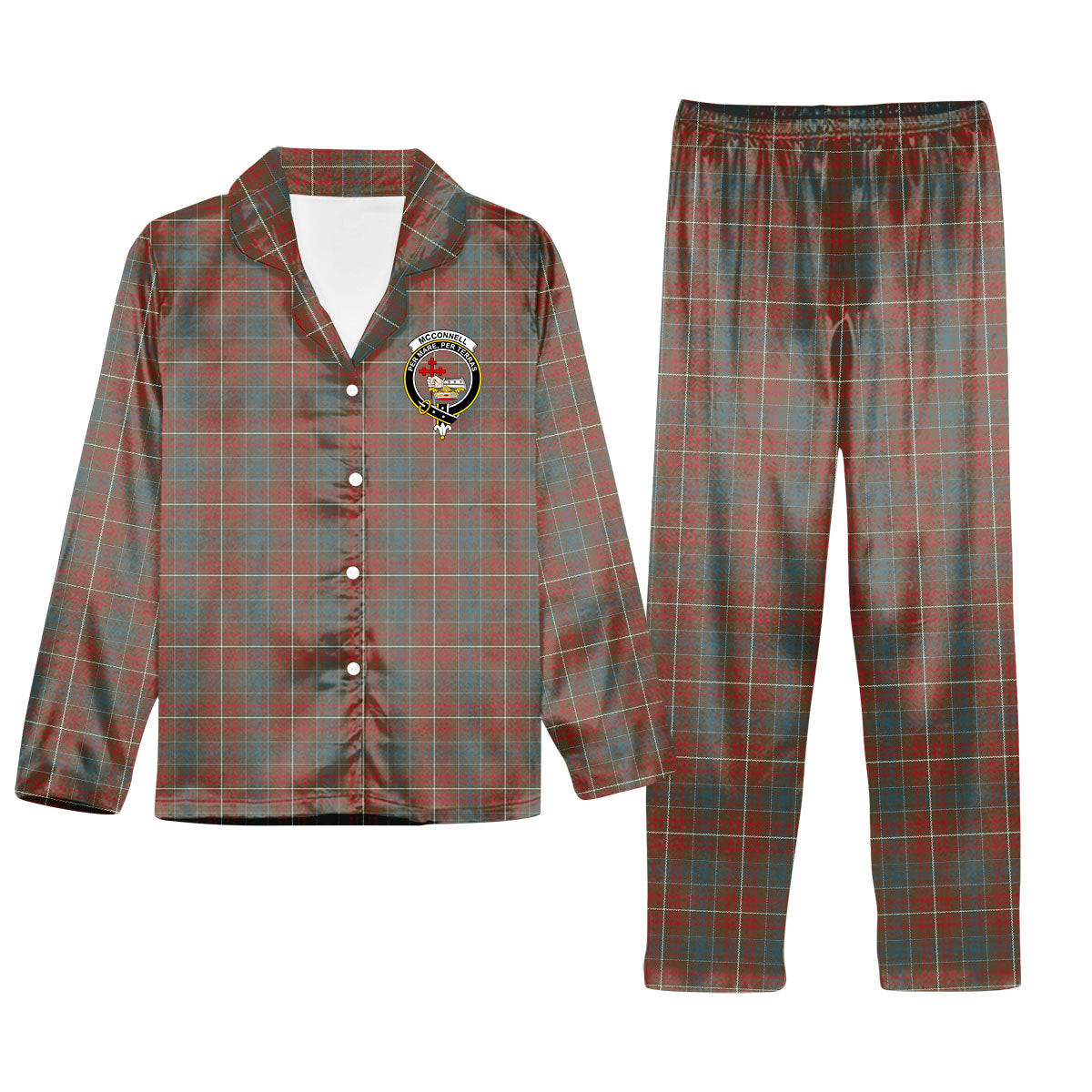 ScotsTee Shop Scottish McConnell Weathered Crest Tartan Pajama Satin Velvet Flannel Pajama Set