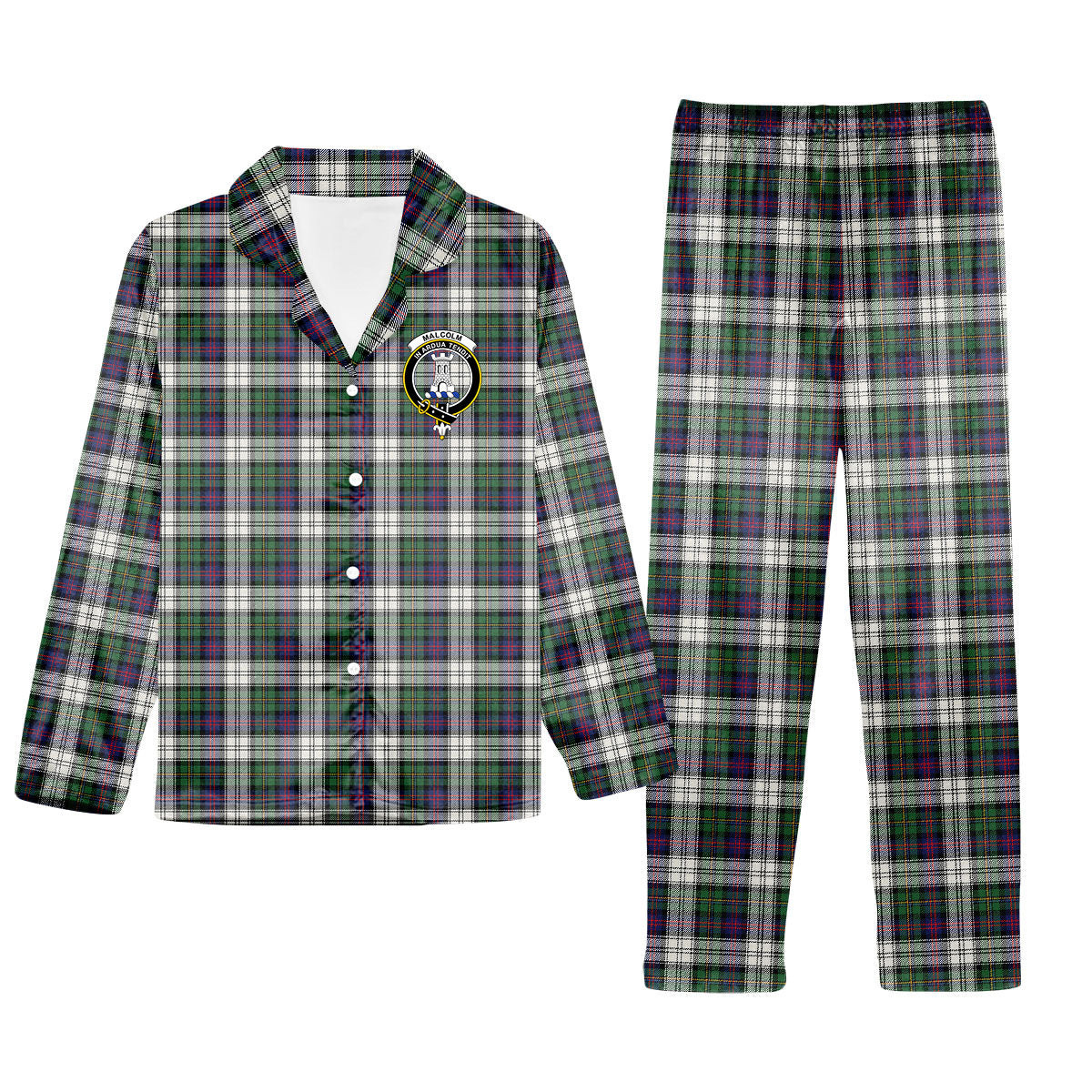 ScotsTee Shop Scottish Malcolm Dress Modern Crest Tartan Pajama Satin Velvet Flannel Pajama Set