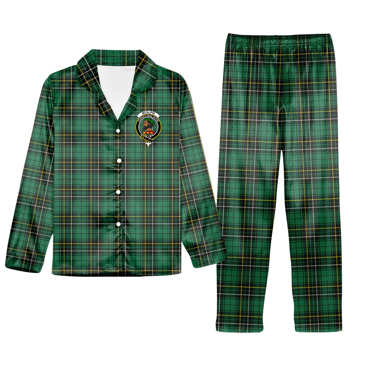 ScotsTee Shop Scottish McAlpin Ancient Crest Tartan Pajama Satin Velvet Flannel Pajama Set