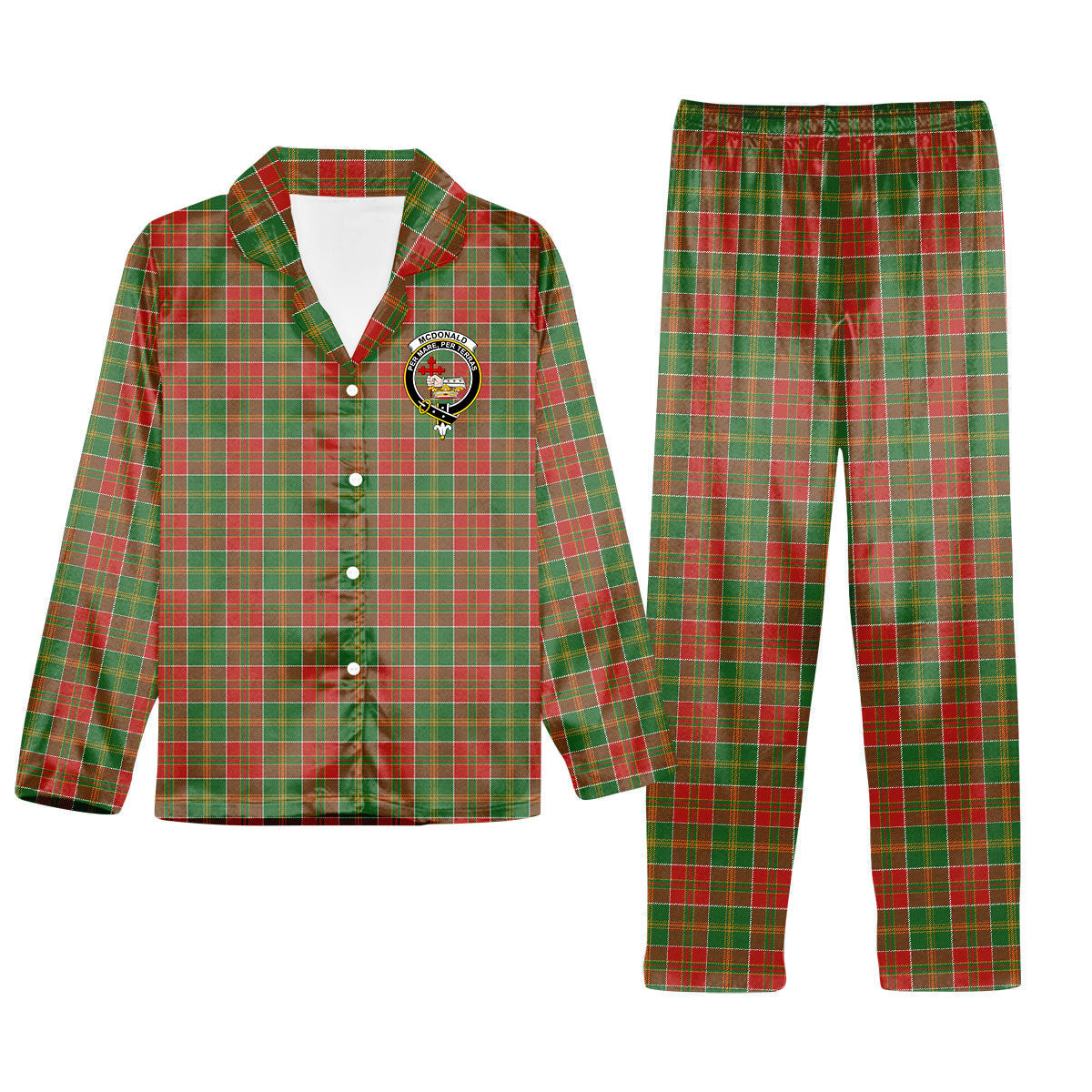 ScotsTee Shop Scottish McDonald of Kingsburgh Ancient Crest Tartan Pajama Satin Velvet Flannel Pajama Set