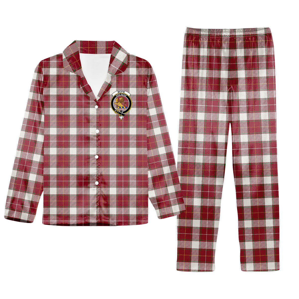 ScotsTee Shop Scottish McFie Dress Modern Crest Tartan Pajama Satin Velvet Flannel Pajama Set