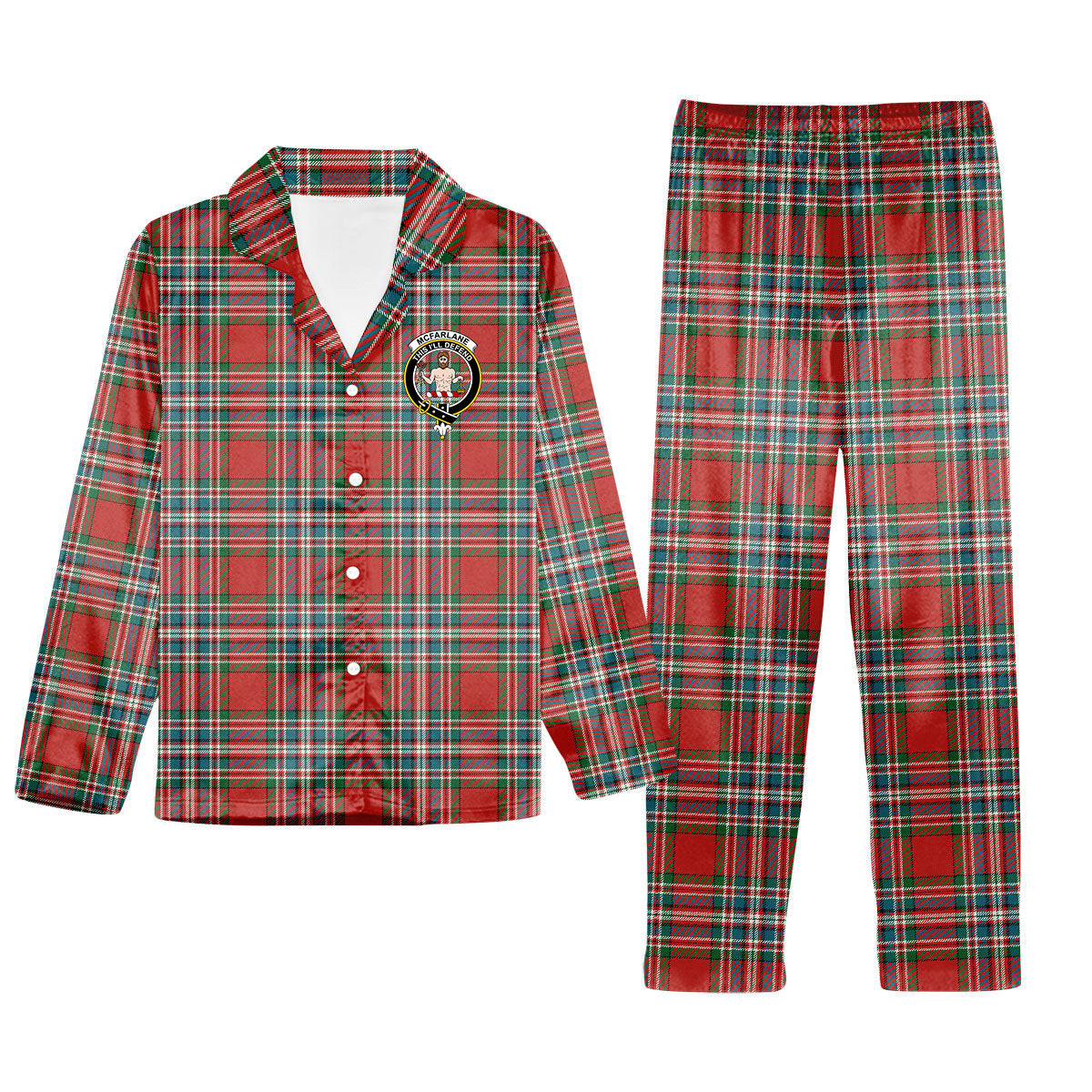 ScotsTee Shop Scottish McFarlane Red Ancient Crest Tartan Pajama Satin Velvet Flannel Pajama Set