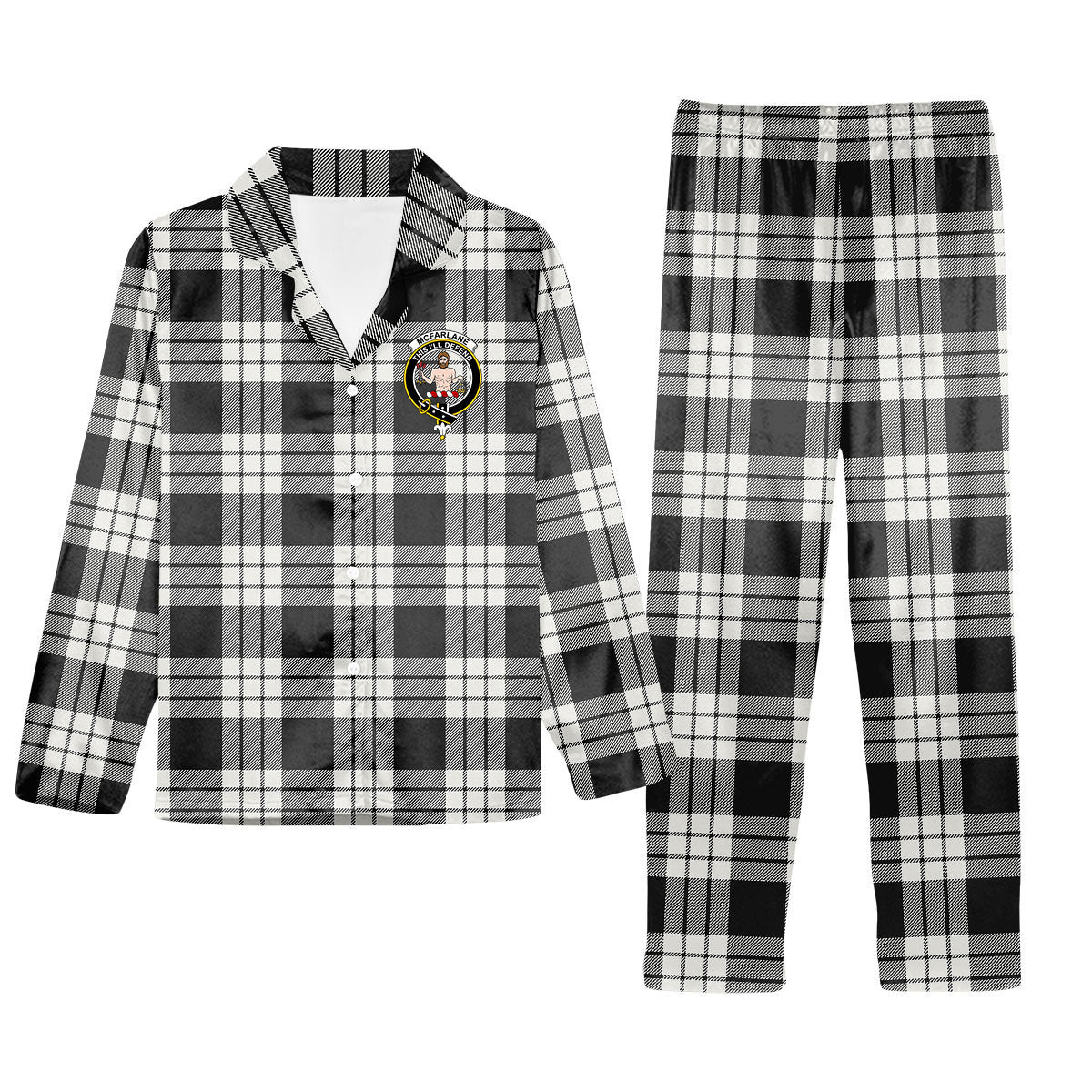 ScotsTee Shop Scottish McFarlane Black White Crest Tartan Pajama Satin Velvet Flannel Pajama Set