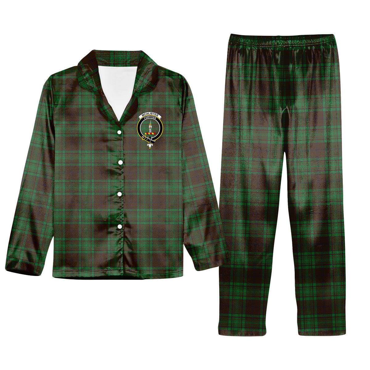 ScotsTee Shop Scottish McAlister of Glenbarr Hunting Crest Tartan Pajama Satin Velvet Flannel Pajama Set