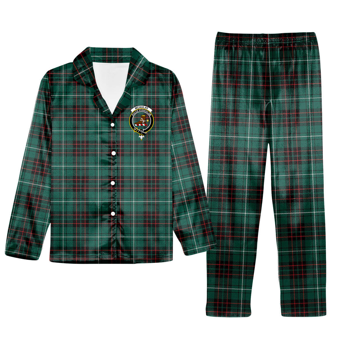 ScotsTee Shop Scottish McAulay of Lewis Modern Crest Tartan Pajama Satin Velvet Flannel Pajama Set