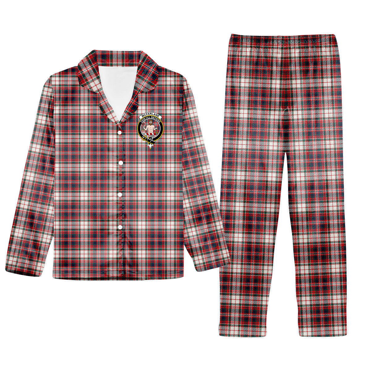 ScotsTee Shop Scottish McFarlane Dress Modern Crest Tartan Pajama Satin Velvet Flannel Pajama Set