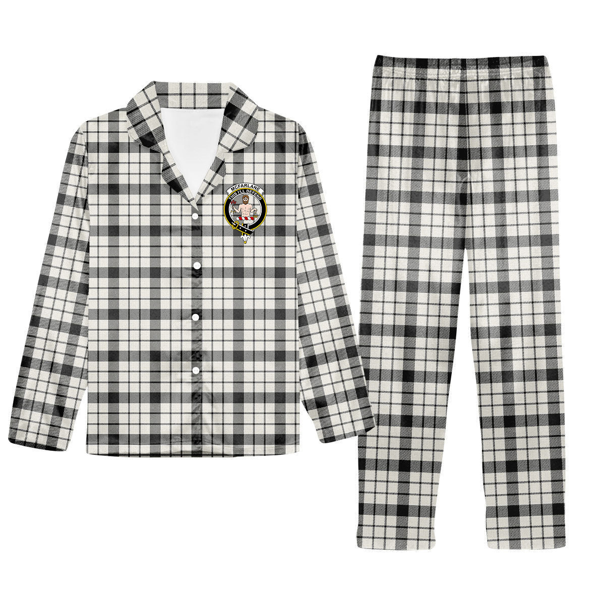 ScotsTee Shop Scottish McFarlane Black White Ancient Crest Tartan Pajama Satin Velvet Flannel Pajama Set