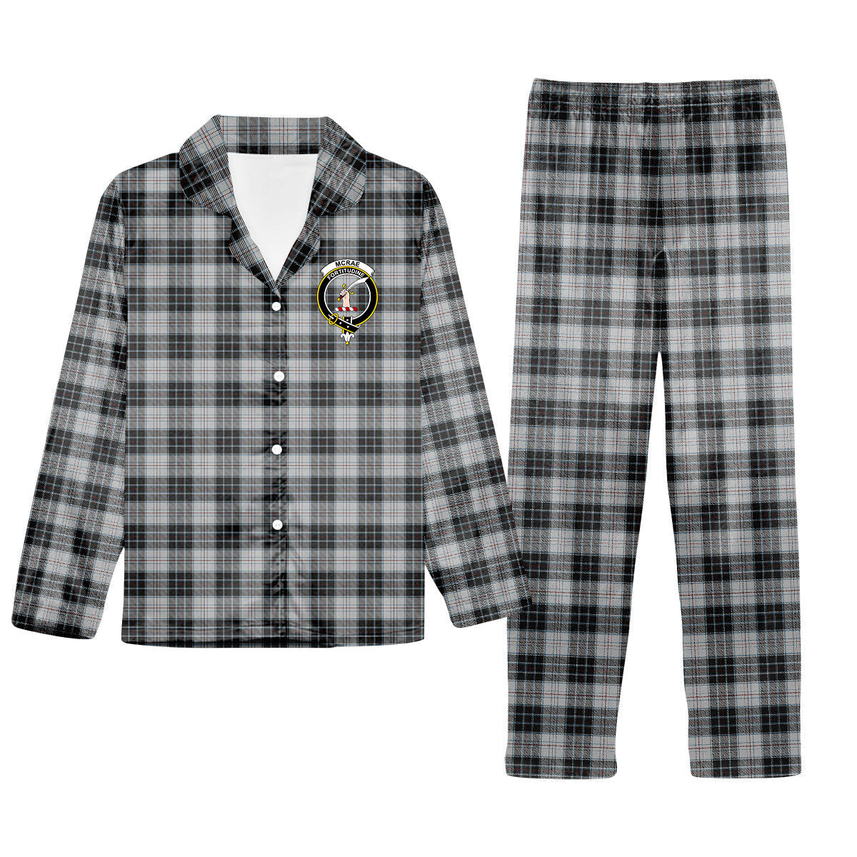 ScotsTee Shop Scottish McRae Dress Crest Tartan Pajama Satin Velvet Flannel Pajama Set