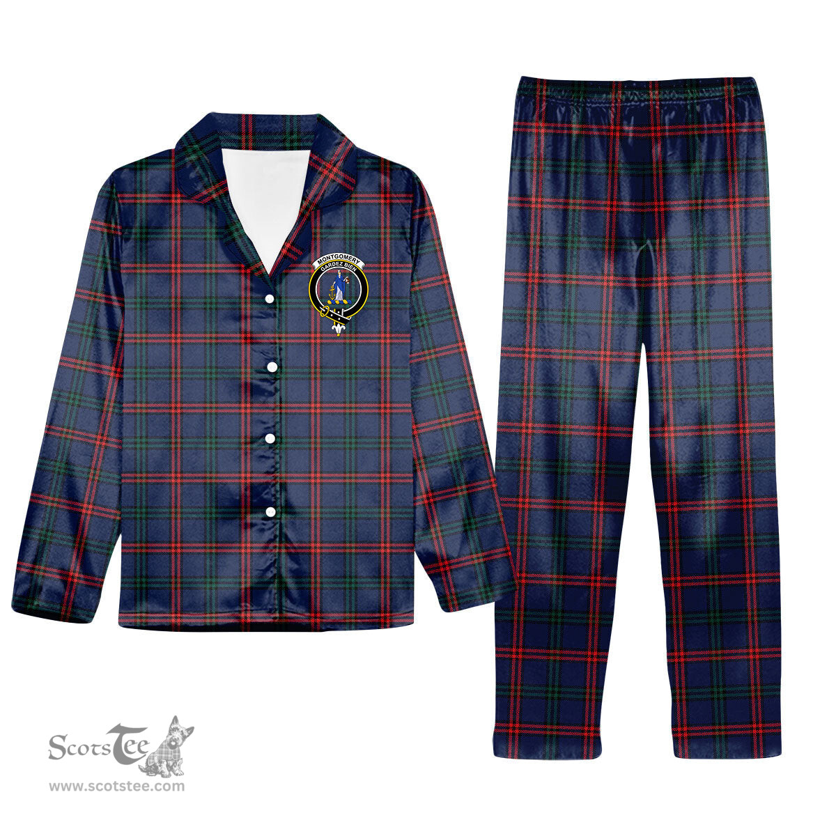ScotsTee Shop Scottish Montgomery of Ayrshire Modern Crest Tartan Pajama Satin Velvet Flannel Pajama Set