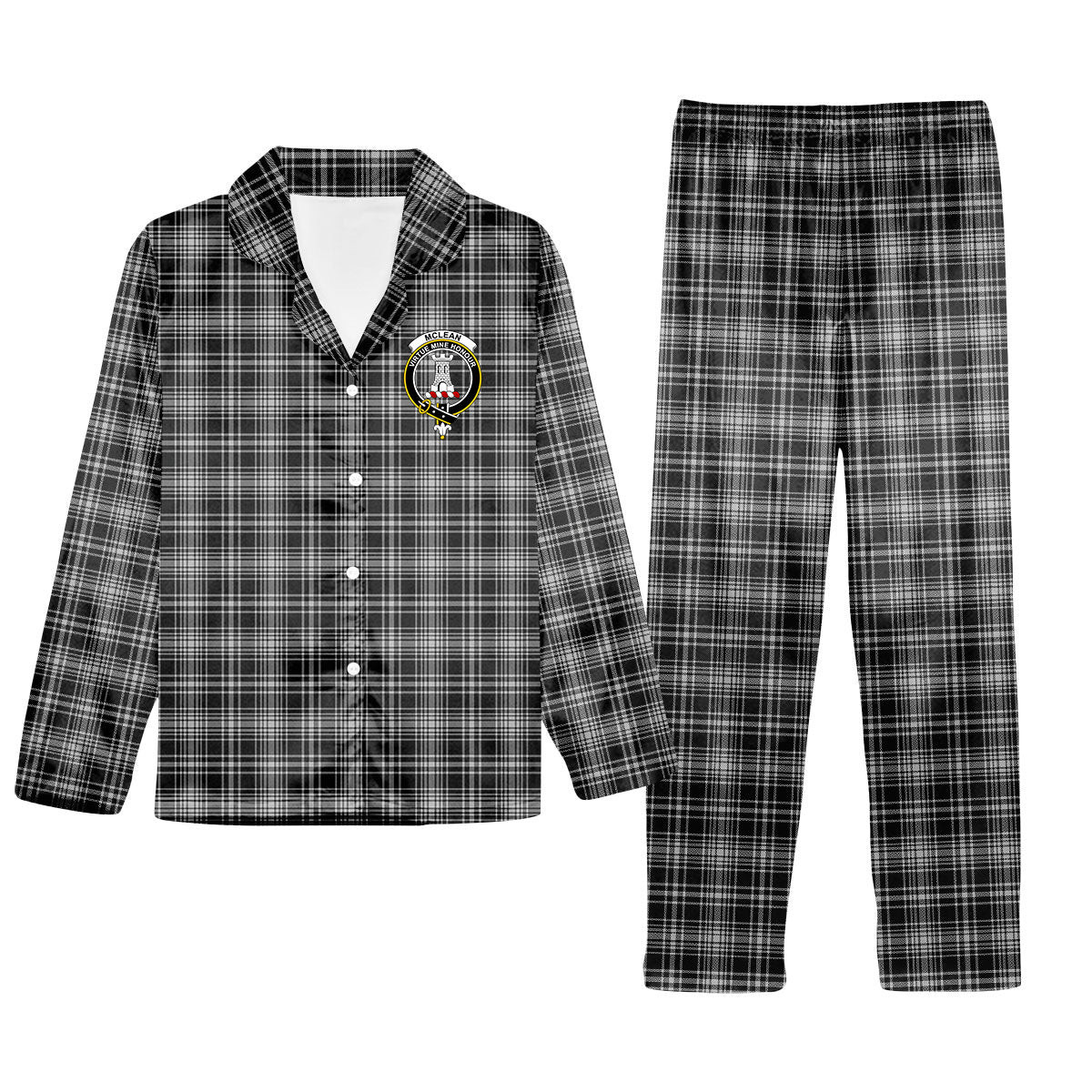ScotsTee Shop Scottish McLean Black and White Crest Tartan Pajama Satin Velvet Flannel Pajama Set