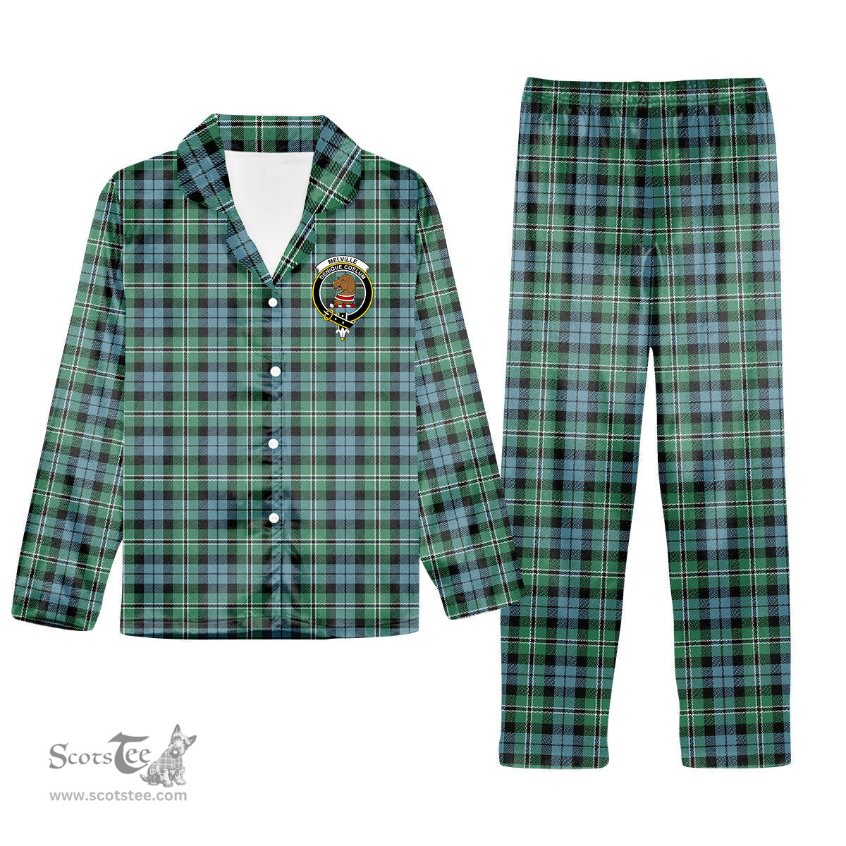 ScotsTee Shop Scottish Melville SC Crest Tartan Pajama Satin Velvet Flannel Pajama Set