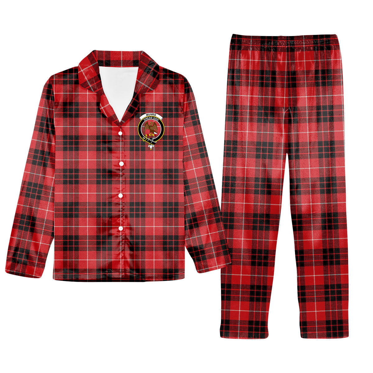 ScotsTee Shop Scottish Munro Black and Red Modern Crest Tartan Pajama Satin Velvet Flannel Pajama Set