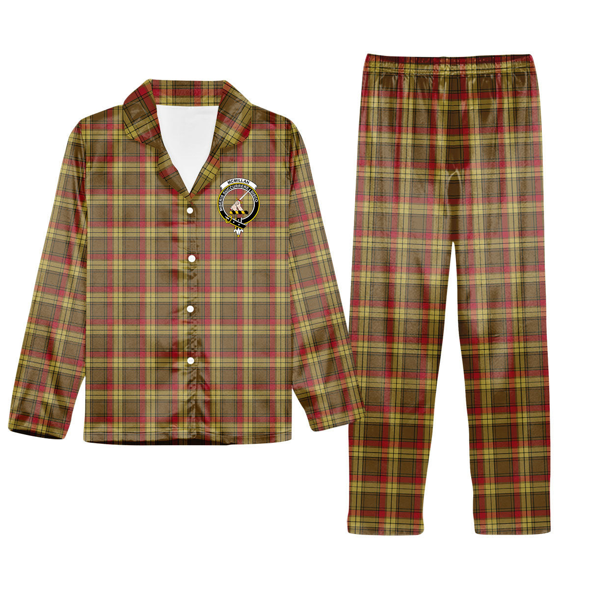 ScotsTee Shop Scottish McMillan Old Weathered Crest Tartan Pajama Satin Velvet Flannel Pajama Set