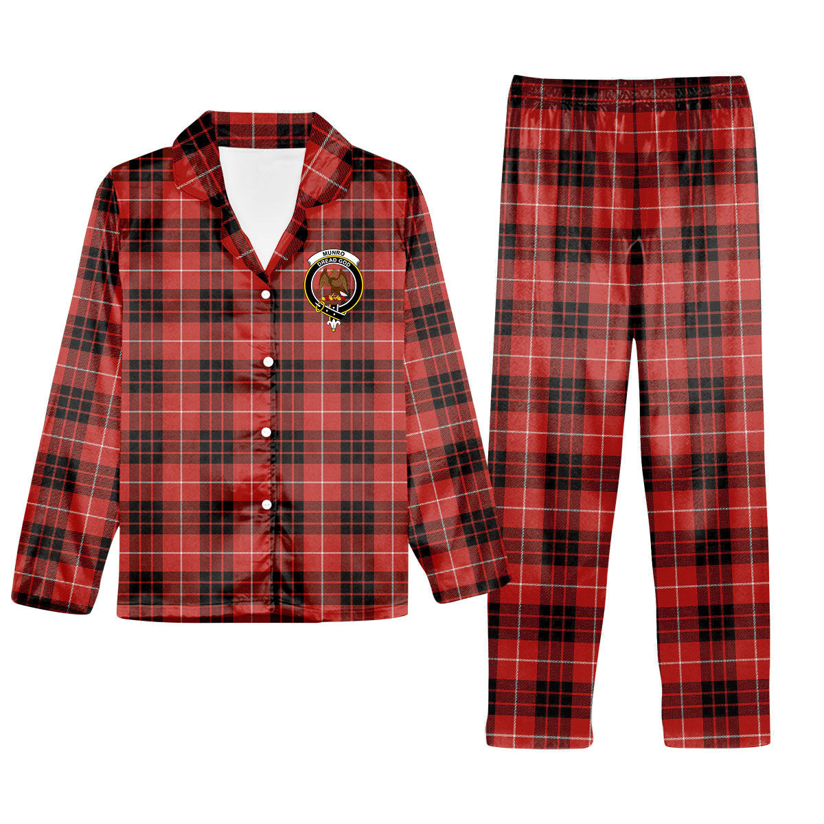ScotsTee Shop Scottish Munro Black and Red Ancient Crest Tartan Pajama Satin Velvet Flannel Pajama Set