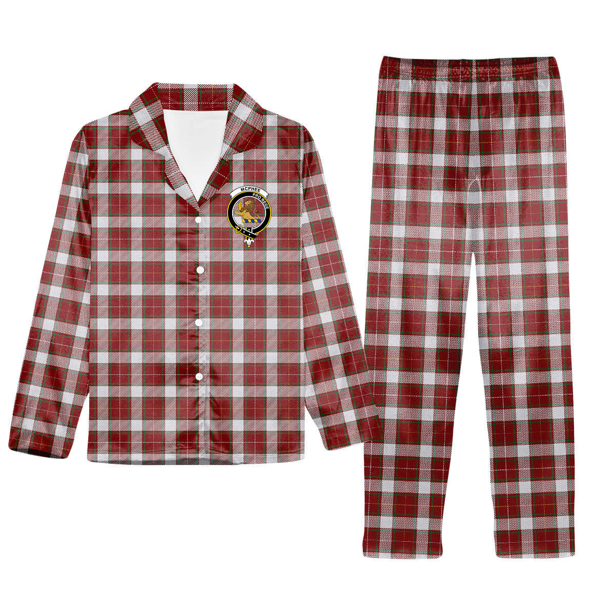 ScotsTee Shop Scottish McPhee Dress Ancient Crest Tartan Pajama Satin Velvet Flannel Pajama Set