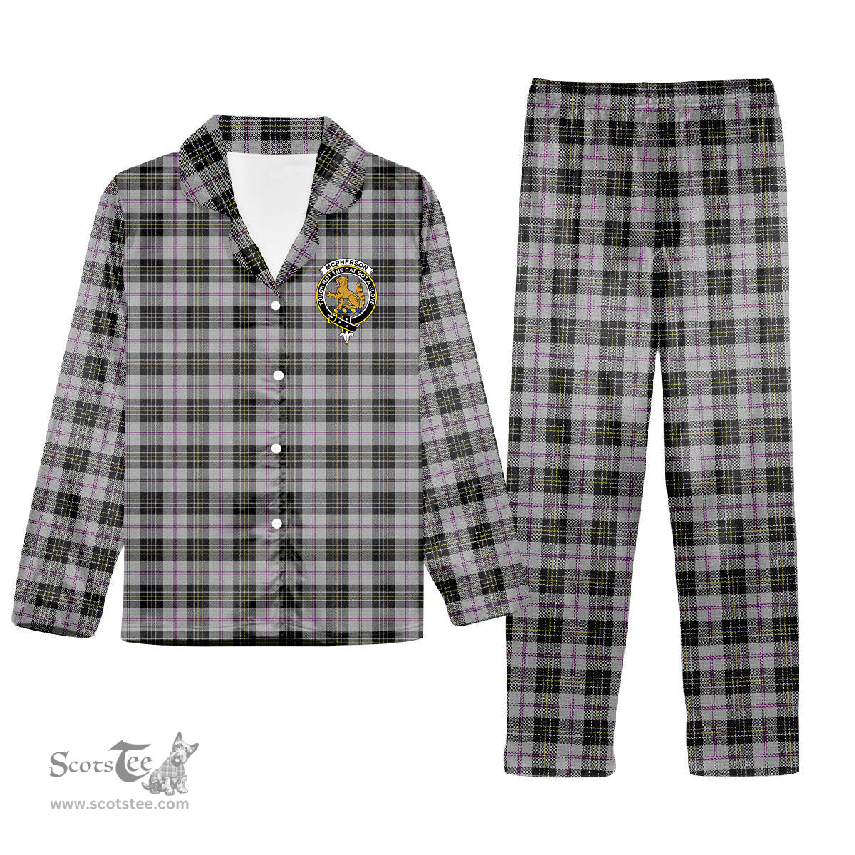 ScotsTee Shop Scottish McPherson Dress Ancient Crest Tartan Pajama Satin Velvet Flannel Pajama Set