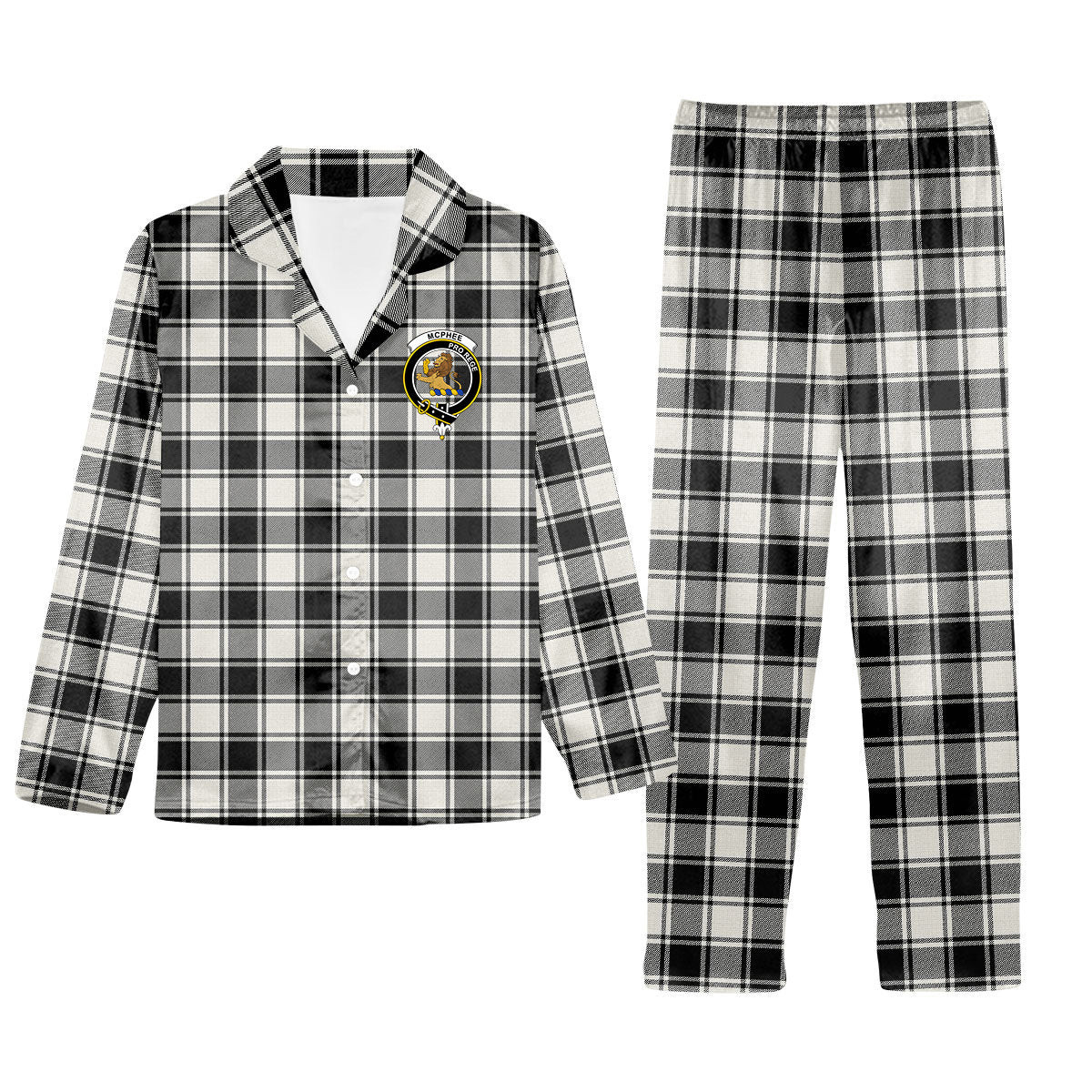 ScotsTee Shop Scottish McPhee B&W Modern Crest Tartan Pajama Satin Velvet Flannel Pajama Set
