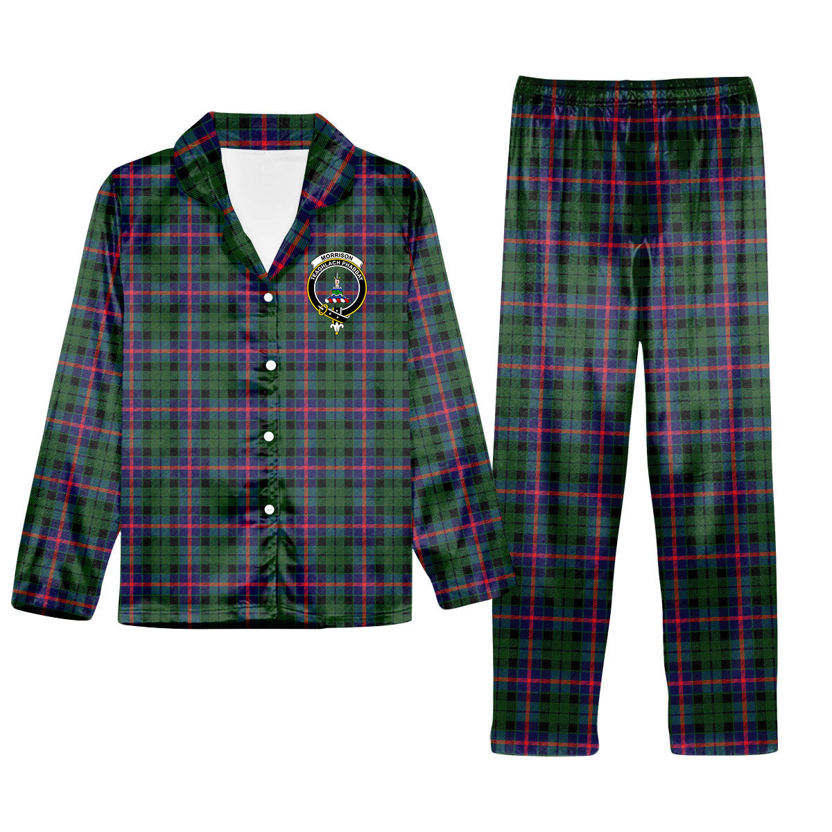 ScotsTee Shop Scottish Morrison Modern Crest Tartan Pajama Satin Velvet Flannel Pajama Set