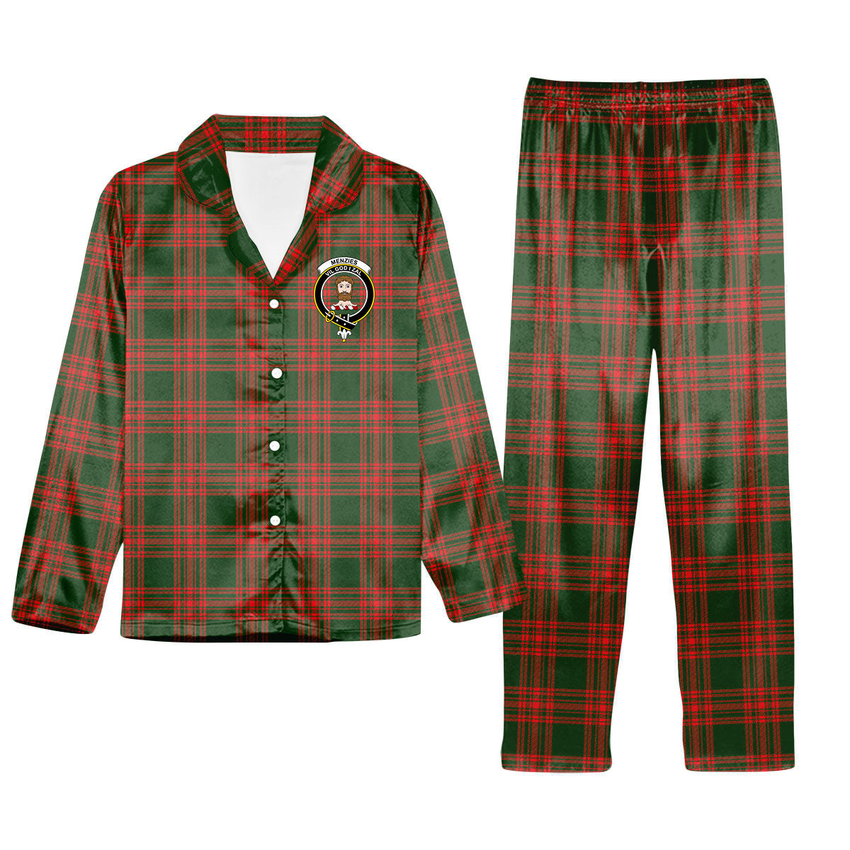 ScotsTee Shop Scottish Menzies Green Modern Crest Tartan Pajama Satin Velvet Flannel Pajama Set