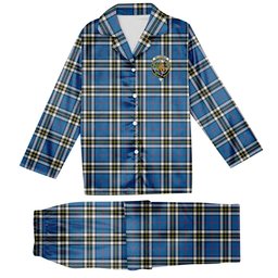 ScotsTee Shop Scottish McThomas Blue Modern Crest Tartan Pajama Satin Velvet Flannel Pajama Set