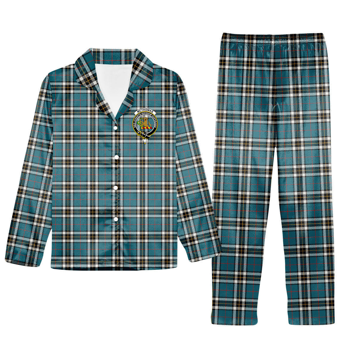 ScotsTee Shop Scottish McThomas Blue Ancient Crest Tartan Pajama Satin Velvet Flannel Pajama Set