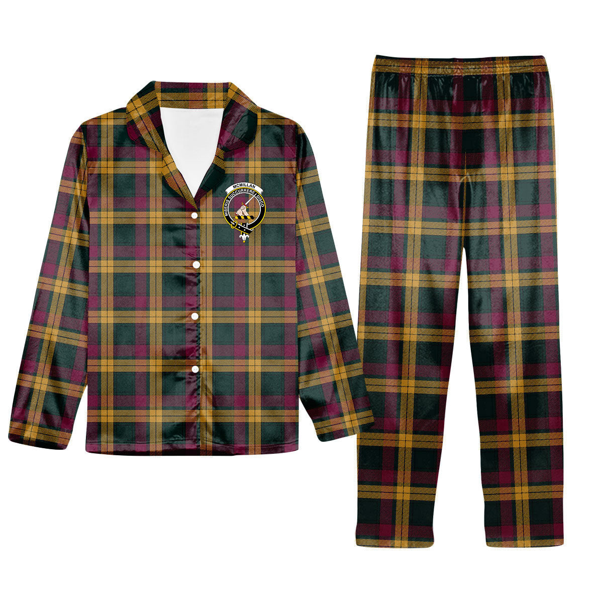 ScotsTee Shop Scottish McMillan Modern Crest Tartan Pajama Satin Velvet Flannel Pajama Set