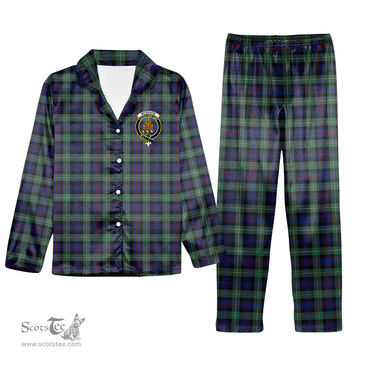 ScotsTee Shop Scottish McKenzie Hunting Green Crest Tartan Pajama Satin Velvet Flannel Pajama Set