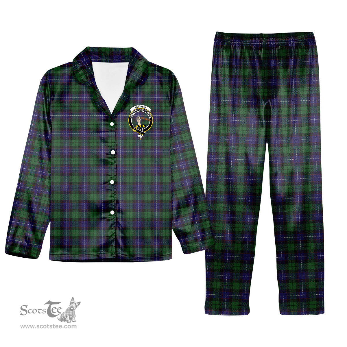 ScotsTee Shop Scottish Mitchell Crest Tartan Pajama Satin Velvet Flannel Pajama Set