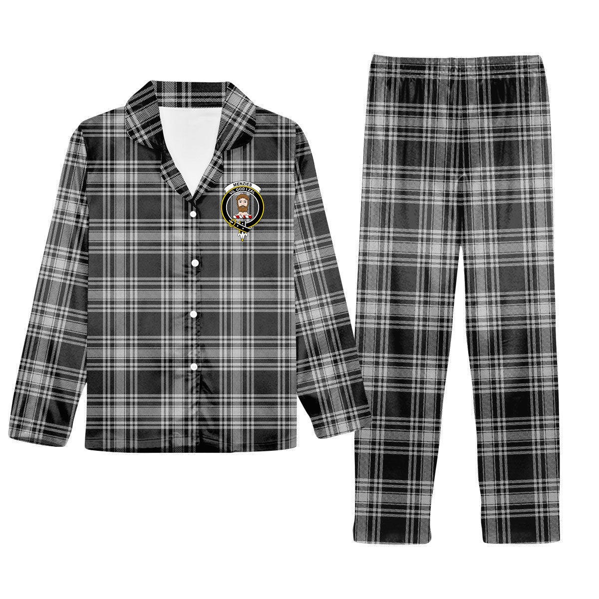 ScotsTee Shop Scottish Menzies Black and White Crest Tartan Pajama Satin Velvet Flannel Pajama Set