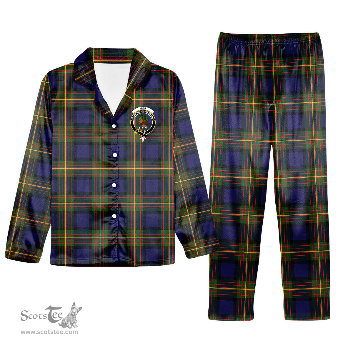 ScotsTee Shop Scottish Muir Crest Tartan Pajama Satin Velvet Flannel Pajama Set