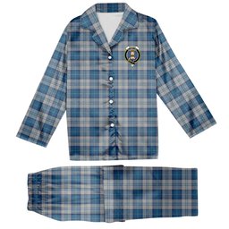 ScotsTee Shop Scottish Menzies Dress Blue and White Crest Tartan Pajama Satin Velvet Flannel Pajama Set