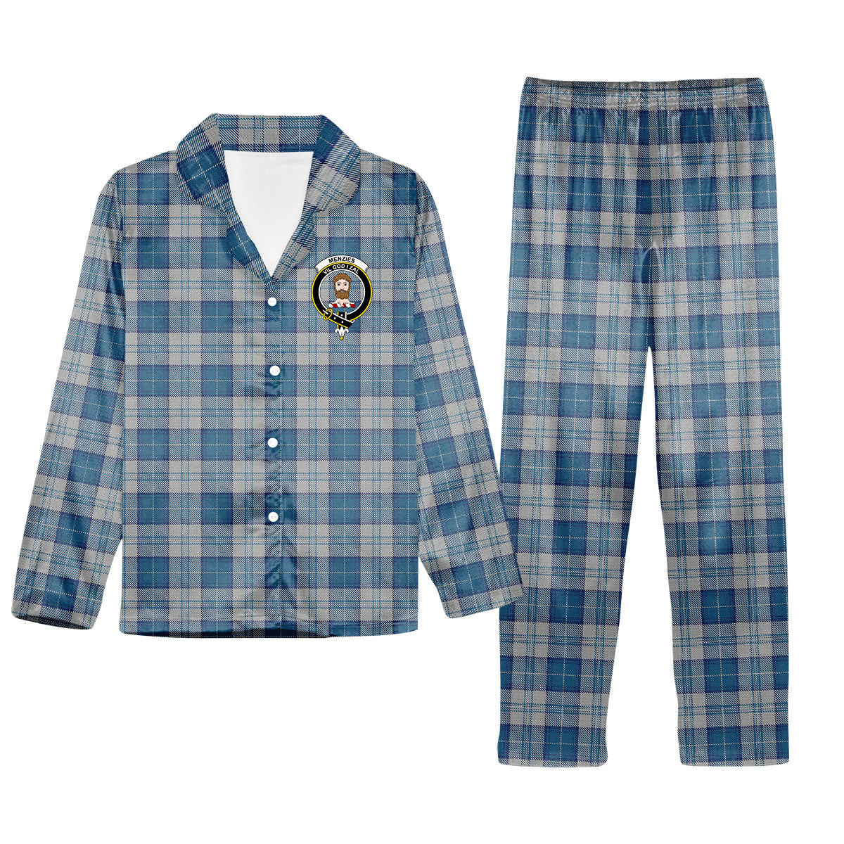 ScotsTee Shop Scottish Menzies Dress Blue and White Crest Tartan Pajama Satin Velvet Flannel Pajama Set