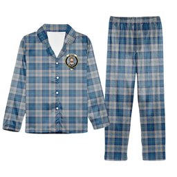 ScotsTee Shop Scottish Menzies Dress Blue and White Crest Tartan Pajama Satin Velvet Flannel Pajama Set