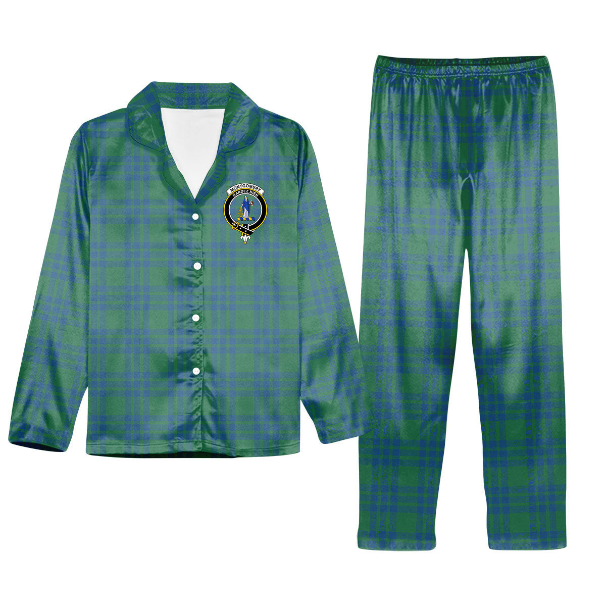 ScotsTee Shop Scottish Montgomery Ancient Crest Tartan Pajama Satin Velvet Flannel Pajama Set