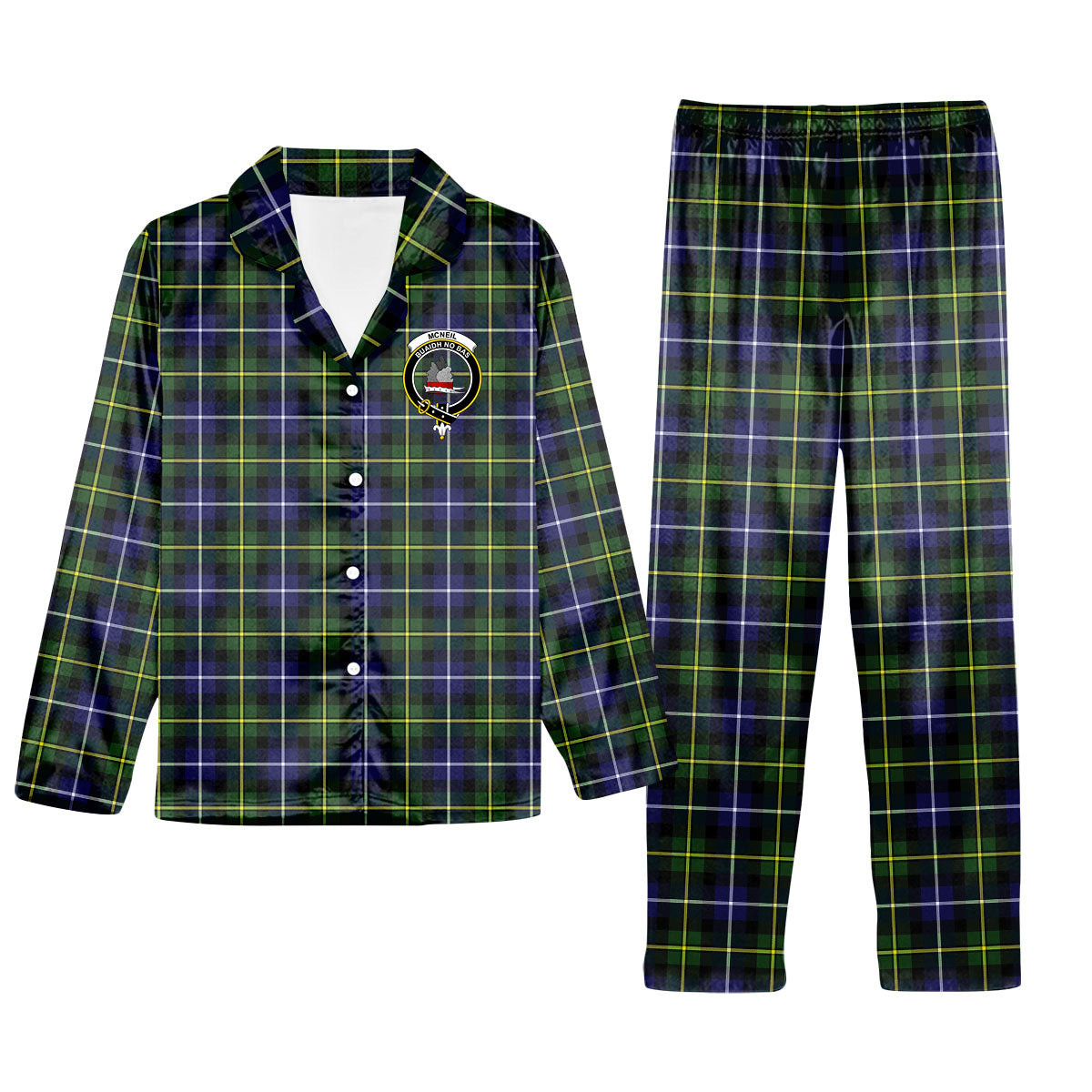 ScotsTee Shop Scottish McNeil of Barra Modern Crest Tartan Pajama Satin Velvet Flannel Pajama Set