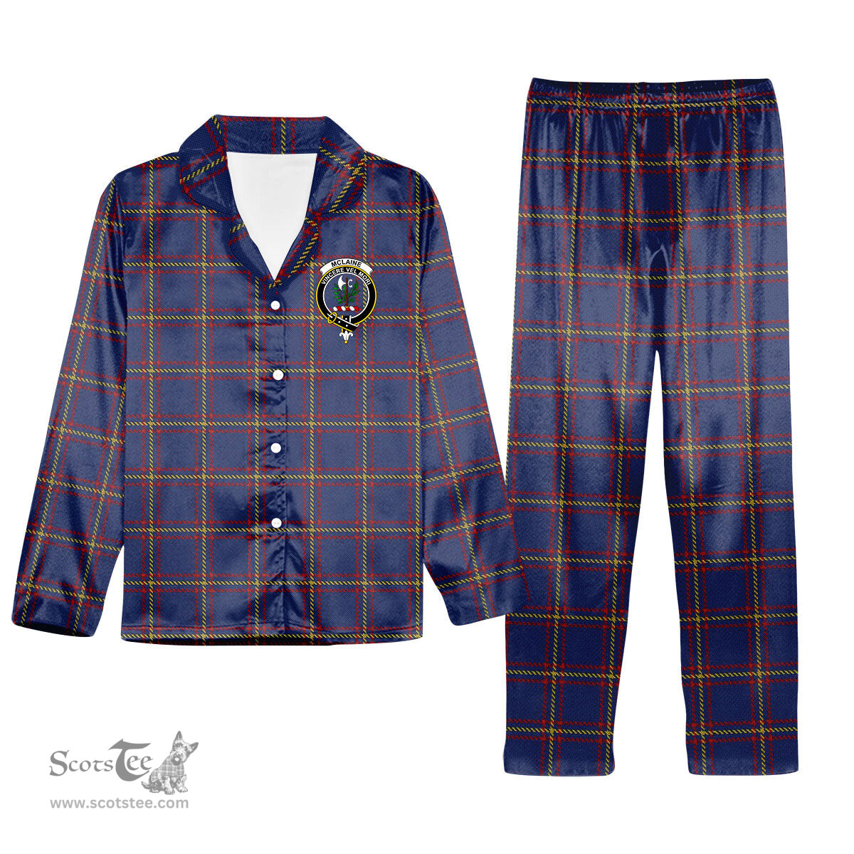 ScotsTee Shop Scottish McLaine of Lochbuie Crest Tartan Pajama Satin Velvet Flannel Pajama Set