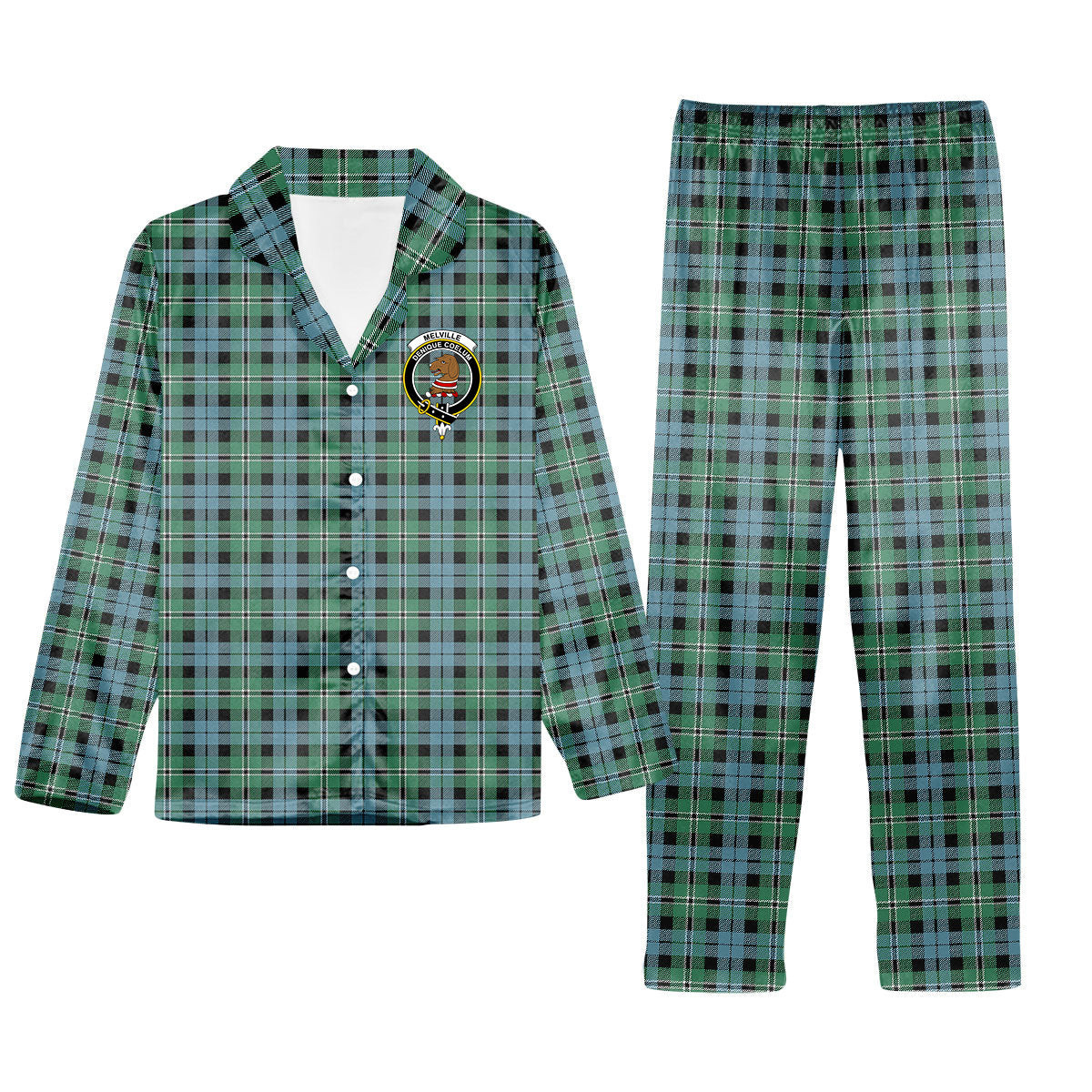 ScotsTee Shop Scottish Melville Modern Crest Tartan Pajama Satin Velvet Flannel Pajama Set