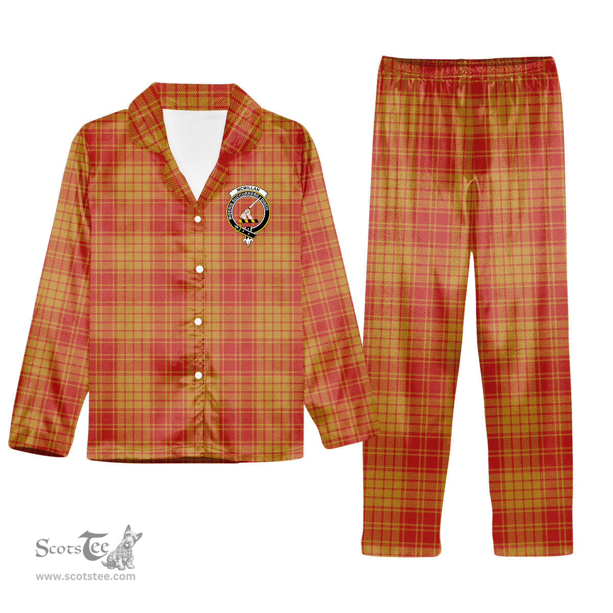 ScotsTee Shop Scottish McMillan Dress Ancient Crest Tartan Pajama Satin Velvet Flannel Pajama Set