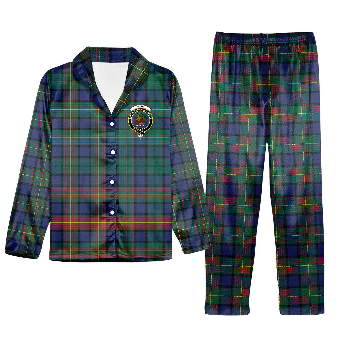 ScotsTee Shop Scottish Muir Modern Crest Tartan Pajama Satin Velvet Flannel Pajama Set