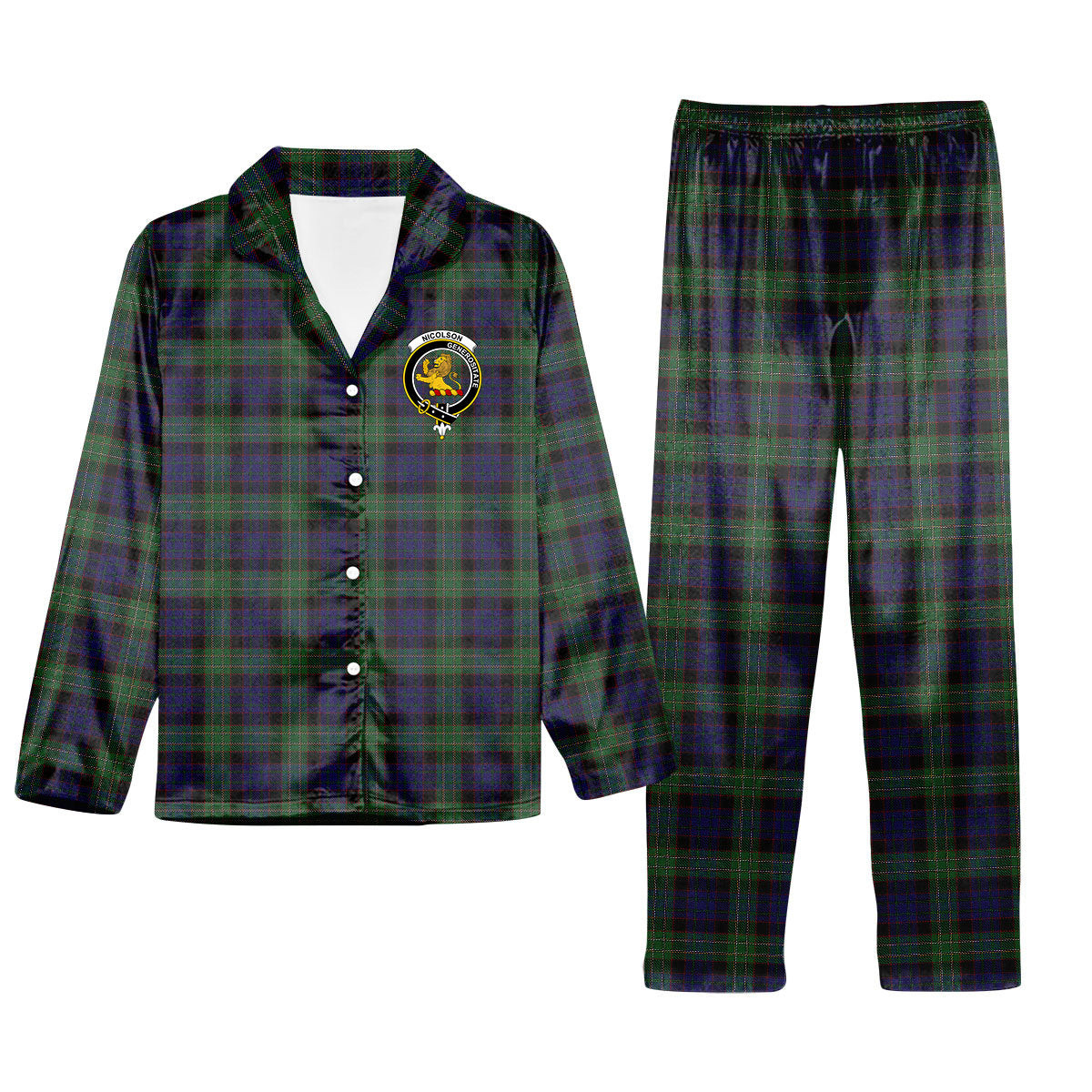 ScotsTee Shop Scottish Nicolson Green Hunting Crest Tartan Pajama Satin Velvet Flannel Pajama Set