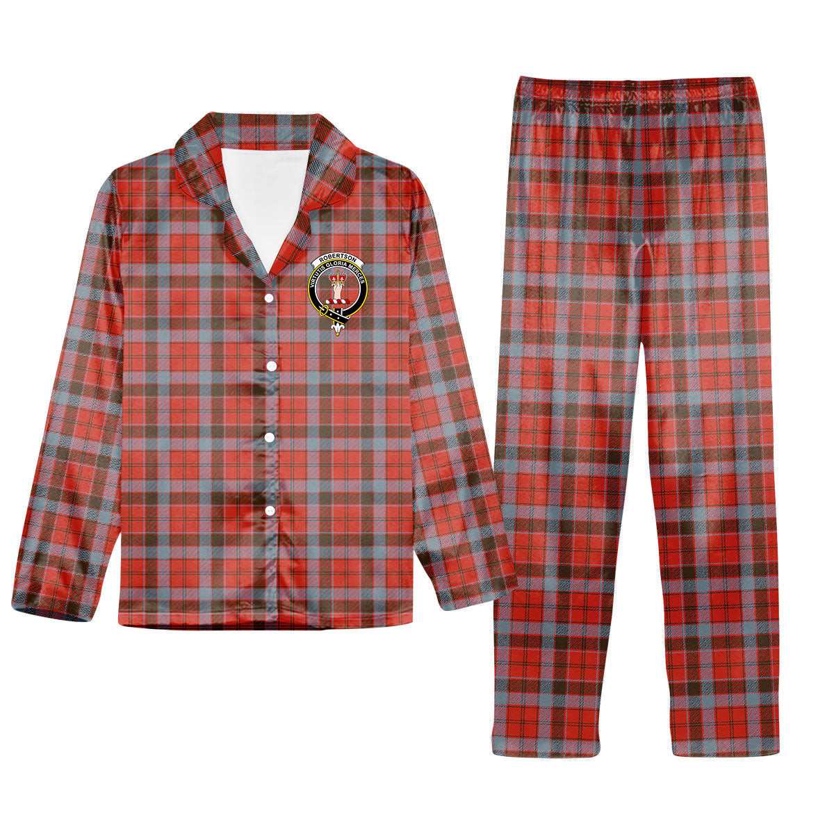 ScotsTee Shop Scottish Robertson Weathered Crest Tartan Pajama Satin Velvet Flannel Pajama Set