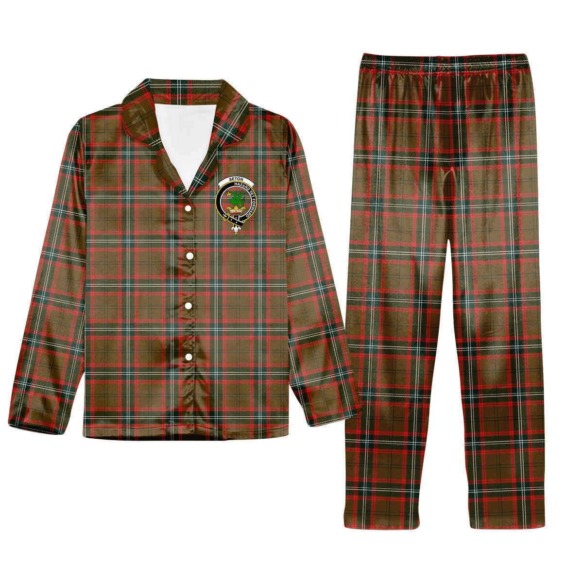 ScotsTee Shop Scottish Seton Hunting Modern Crest Tartan Pajama Satin Velvet Flannel Pajama Set