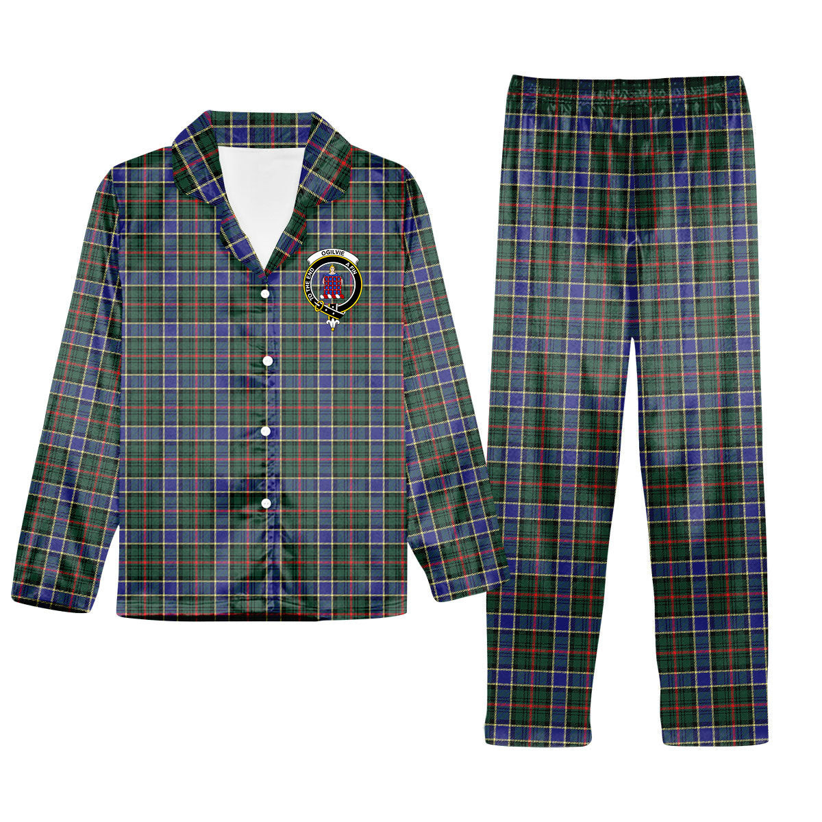 ScotsTee Shop Scottish Ogilvie (Ogilvy) Hunting Modern Crest Tartan Pajama Satin Velvet Flannel Pajama Set