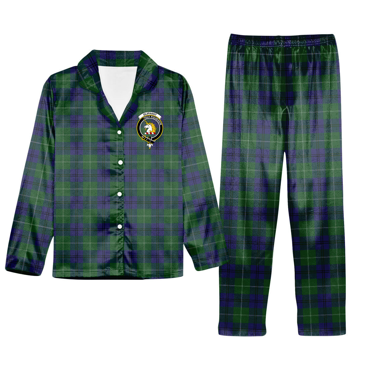 ScotsTee Shop Scottish Oliphant Crest Tartan Pajama Satin Velvet Flannel Pajama Set