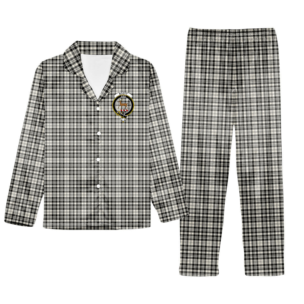 ScotsTee Shop Scottish Scott Black and White Ancient Crest Tartan Pajama Satin Velvet Flannel Pajama Set