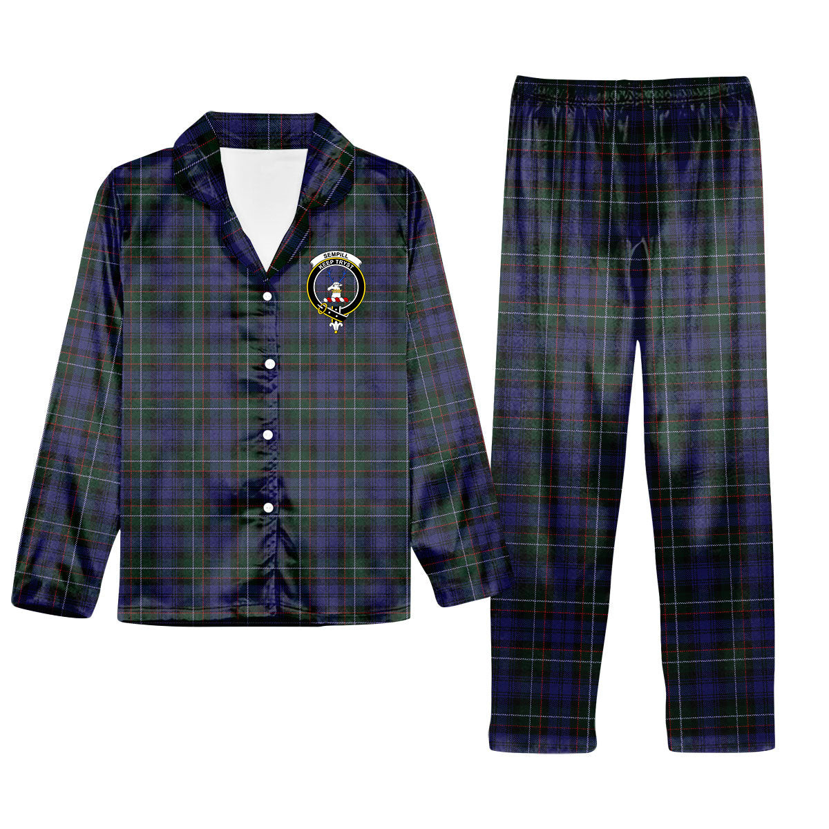 ScotsTee Shop Scottish Sempill Crest Tartan Pajama Satin Velvet Flannel Pajama Set